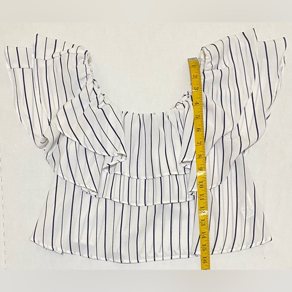 She + Sky Womens L White Blue Stripe Ruffle Flowy Crop Top Boho Y2K Maximalist - Picture 10 of 14